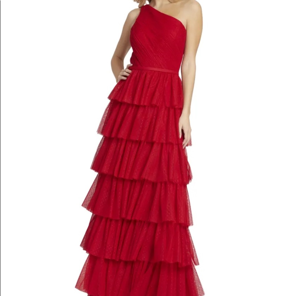 Elegant Red One-Shoulder Tiered Dress